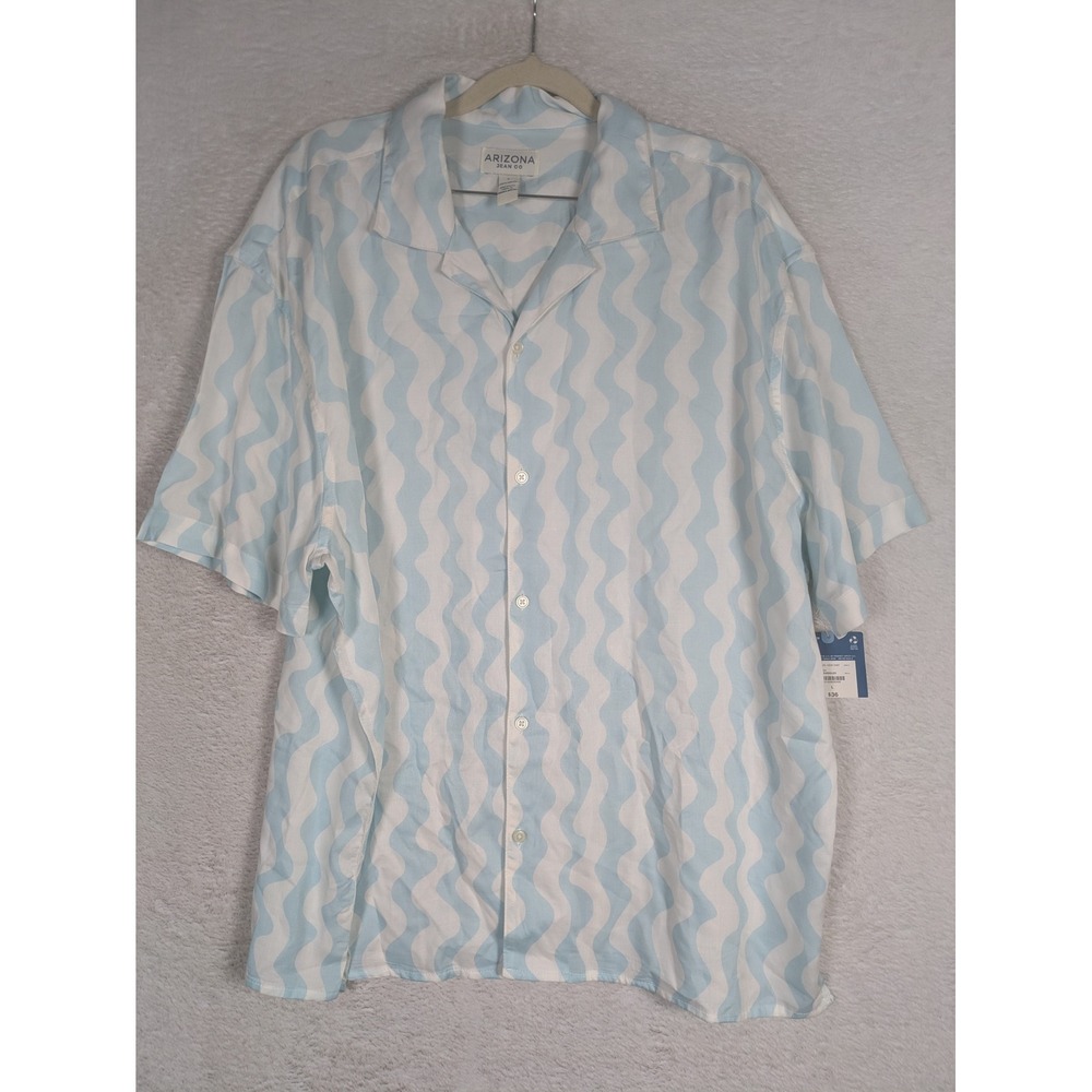 NEW Arizona Jean Co Button Down Men's L Blue Wavy Squiggles Short Sleeve Rayon